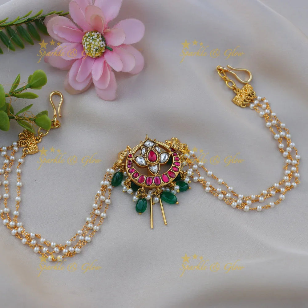 Stunning Jadau Kundan Peacock Motif Jadabilla with Pearl Chains and Green Drops - Sparkle and Glow