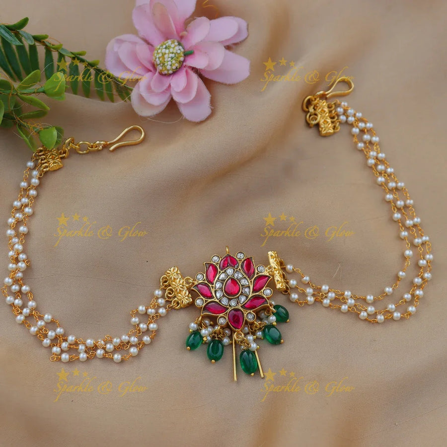 Stunning Jadau Kundan Lotus Design Jadabilla with Pearl Chains and Green Beads - Sparkle and Glow