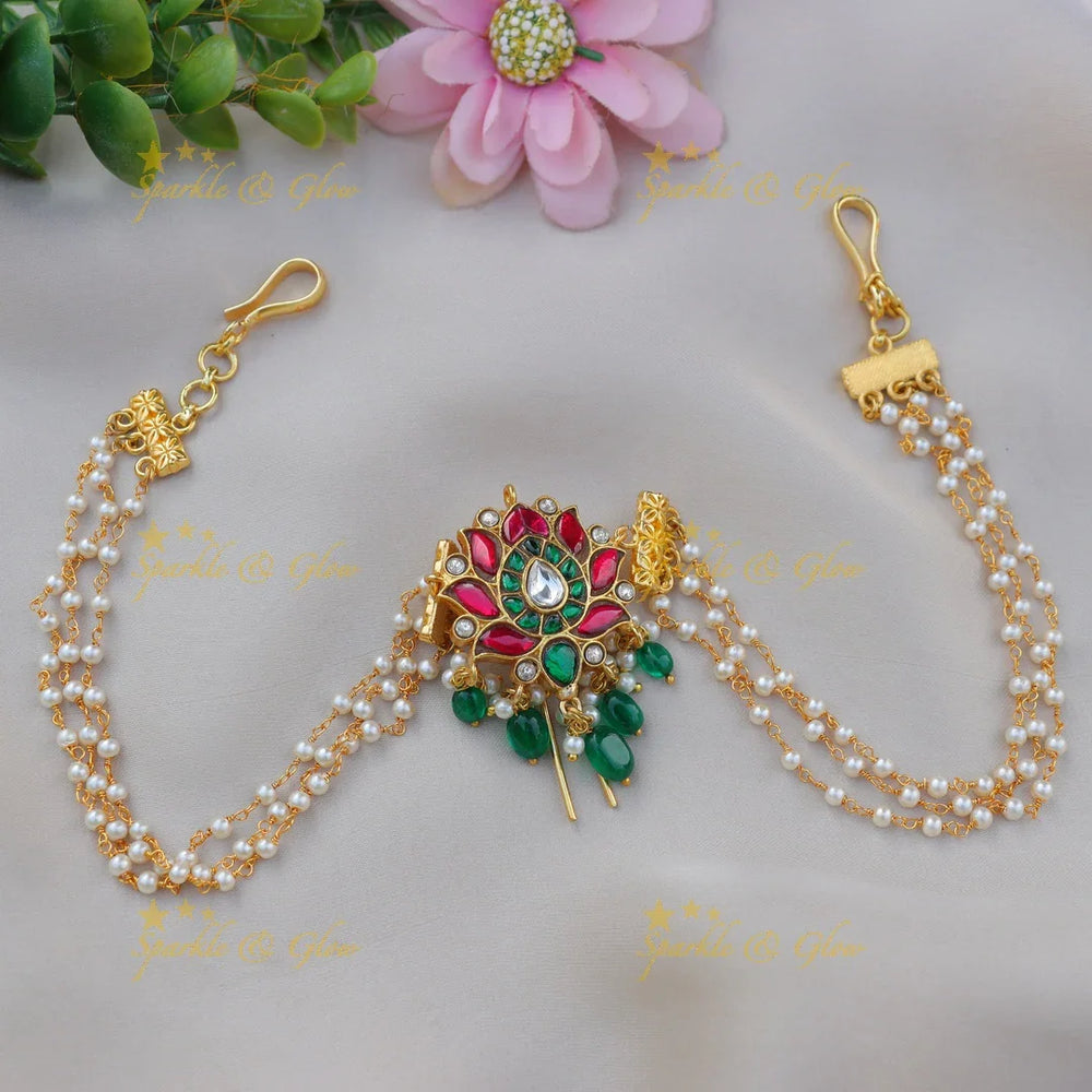 Stunning Jadau Kundan Lotus Design Jadabilla with Pearl Chains and Green Beads - Sparkle and Glow
