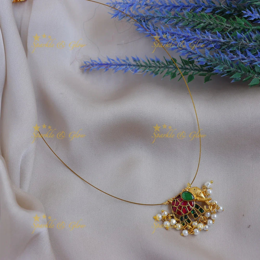 Traditional Jadau Elephant Pendant design Invisible Necklace with Pearl Drops - Sparkle and Glow