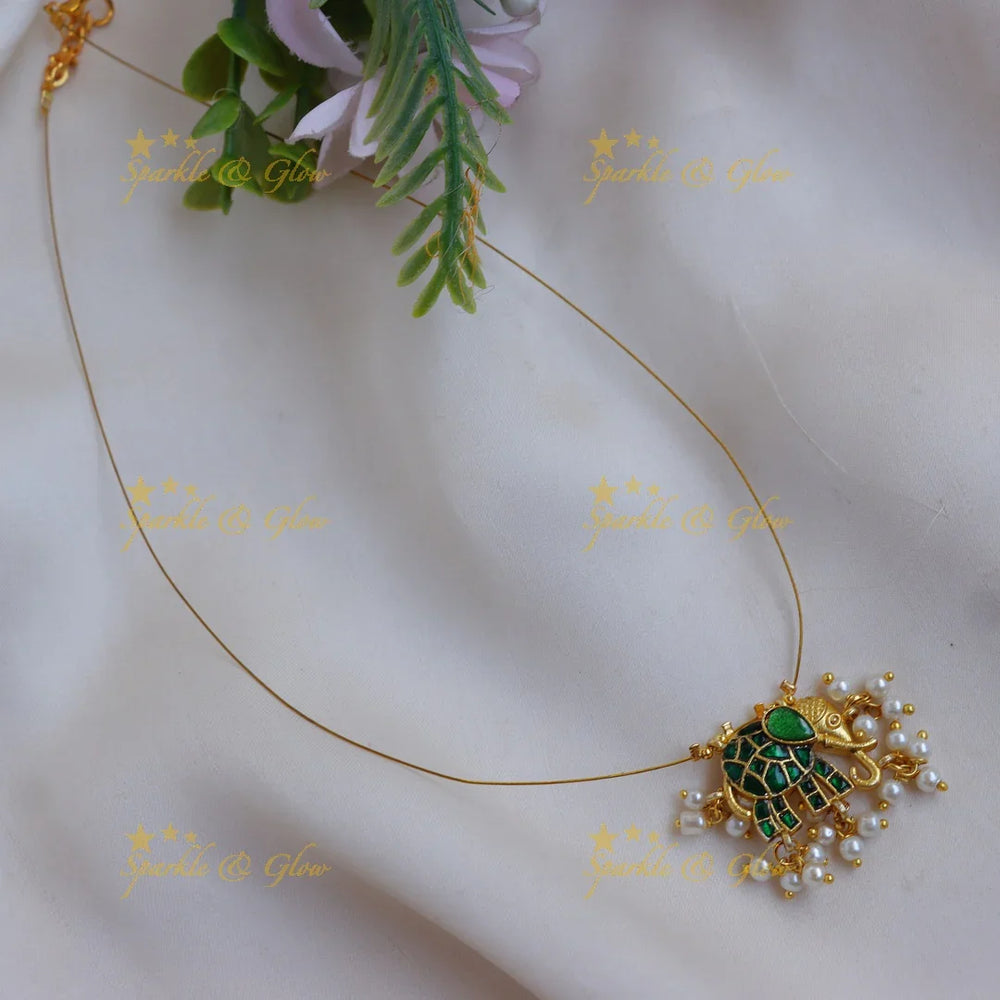 Traditional Jadau Elephant Pendant design Invisible Necklace with Pearl Drops - Sparkle and Glow