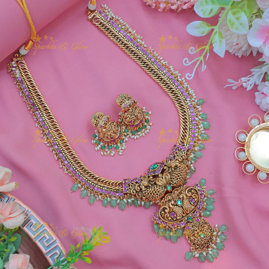 Stunning Jadau Jalebi design Kundan Peacock Temple Haram with Green Beads & Pink Stones - Sparkle and Glow