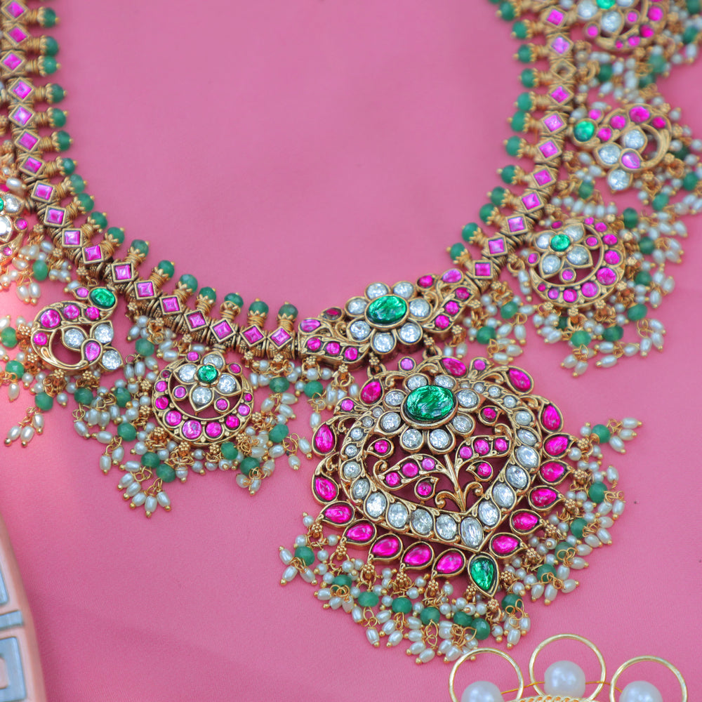 Grand Jadau Kundan Floral guttapusalu Haram with Pink & Green Stones and Pearl Drops - Sparkle and Glow