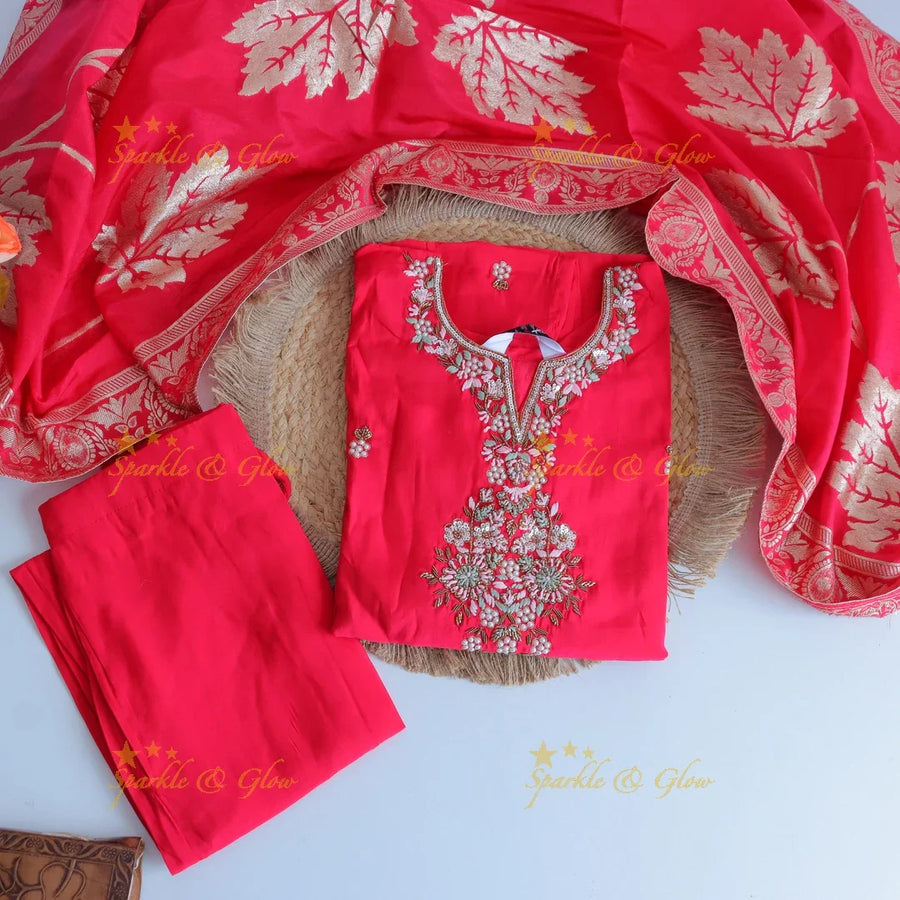 Gorgeous Roman Silk Kurti pant with Banarasi jacquard Dupatta set- Red - Sparkle and Glow