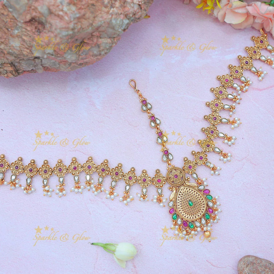 Beautiful Antique Peacock Floral Maang Tikka with Kundan, Pearl & Stone Drops - Sparkle and Glow