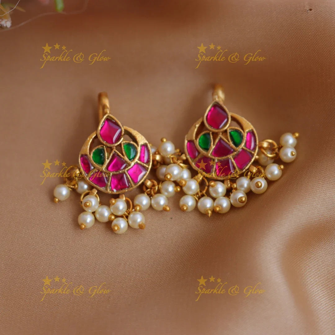Traditional Half Moon design Jadau Kundan Bugadi with Pearl Drops - Sparkle and Glow