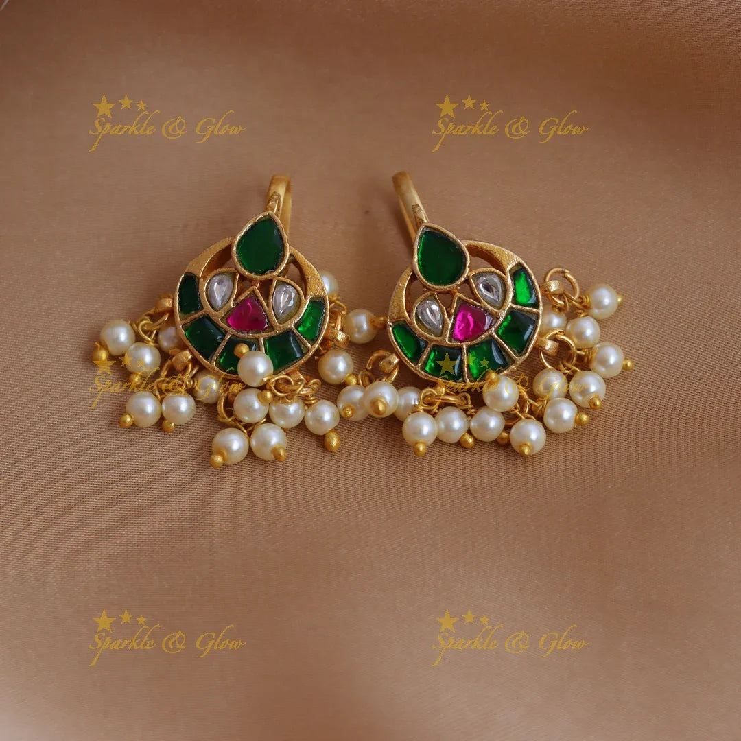Traditional Half Moon design Jadau Kundan Bugadi with Pearl Drops - Sparkle and Glow