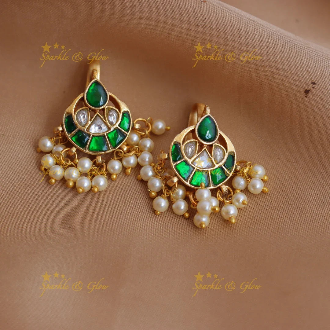 Traditional Half Moon design Jadau Kundan Bugadi with Pearl Drops - Sparkle and Glow