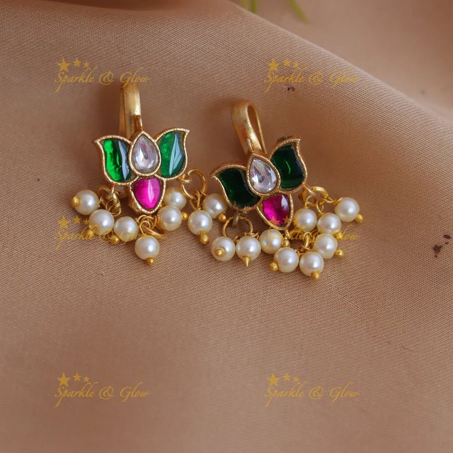 Stunning Jadau Kundan Lotus Motif Bugadi with Green-Pink Enamel and Pearl Drops - Sparkle and Glow