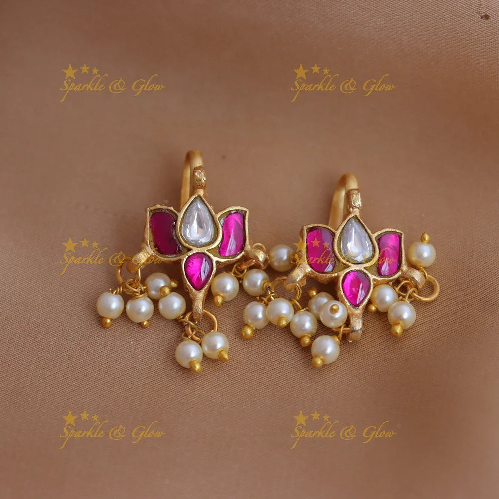 Stunning Jadau Kundan Lotus Motif Bugadi with Green-Pink Enamel and Pearl Drops - Sparkle and Glow