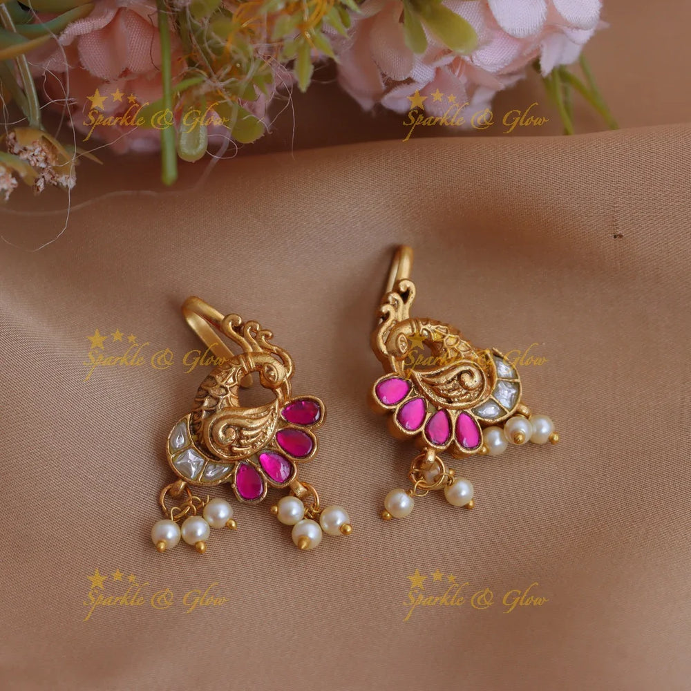 Stunning Jadau Kundan Peacock Bugadi with Green Enamel and Pearl Drops - Sparkle and Glow