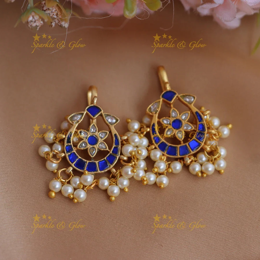 Gracious Half Moon Floral Jadau Kundan Bugadi Earrings with Pearl Drops - Sparkle and Glow