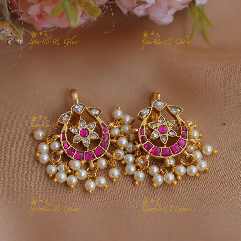 Gracious Half Moon Floral Jadau Kundan Bugadi Earrings with Pearl Drops - Sparkle and Glow