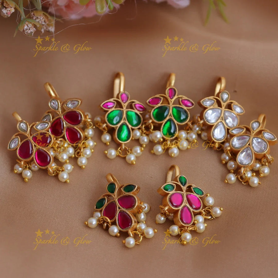 Stunning Leaf Floral Jadau kundan Bugadi earrings with Pearl drops - Sparkle and Glow