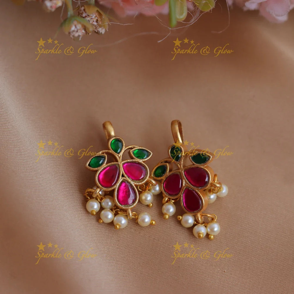 Stunning Leaf Floral Jadau kundan Bugadi earrings with Pearl drops - Sparkle and Glow