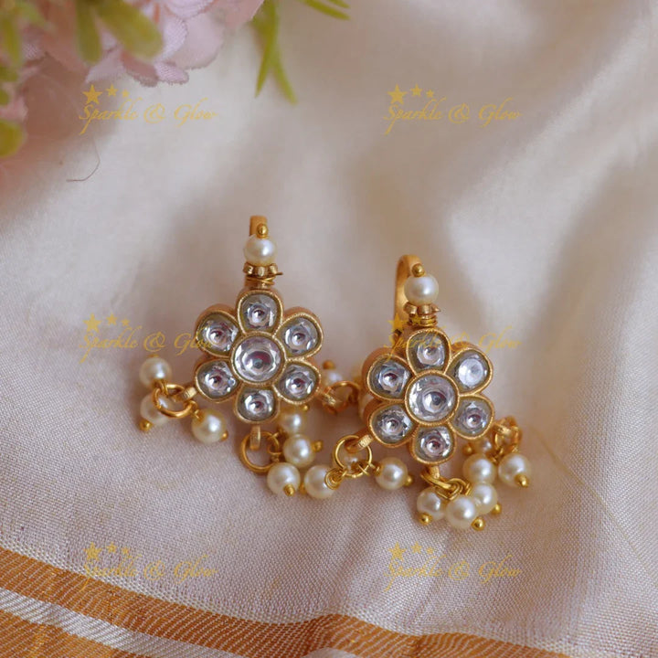 Traditional Bugadi Earrings with Jadau Kundan Floral Design - Sparkle and Glow