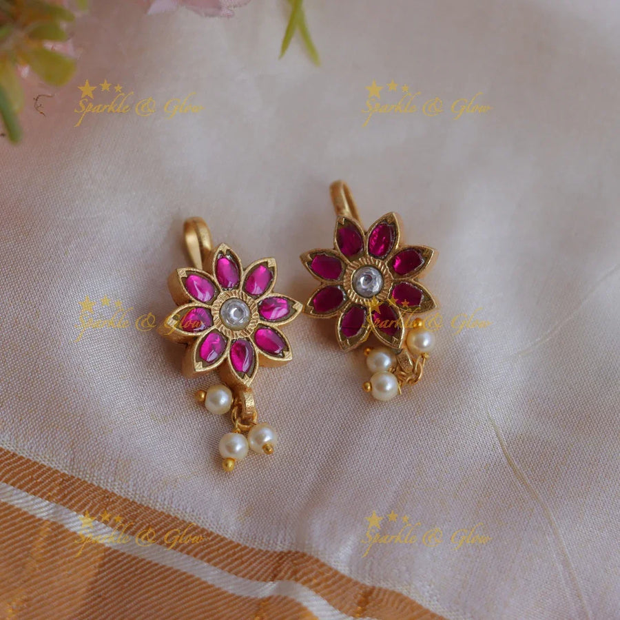 Elegant Jadau Kundan Sunflower design Bugadi Earrings with Pearl Drops - Sparkle and Glow