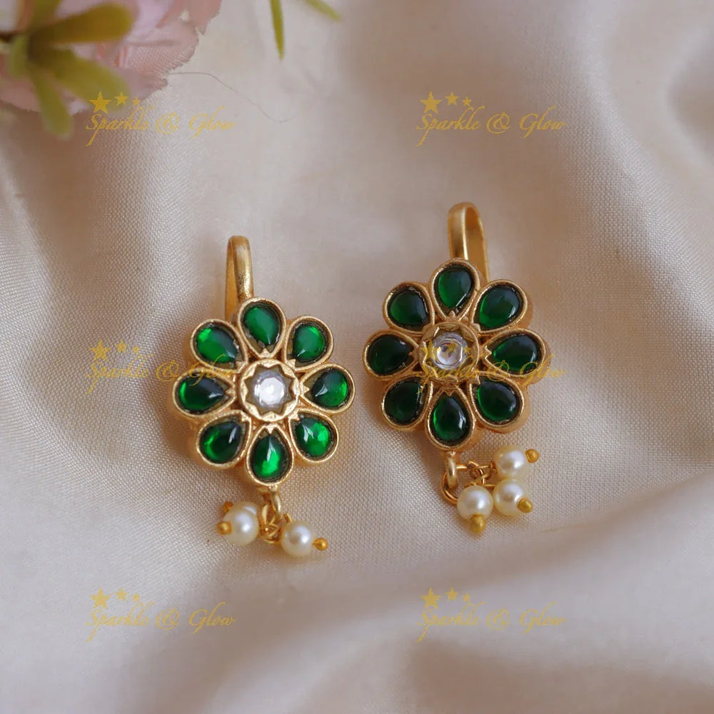 Stunning Enamel Jadau Kundan Floral Bugadi Earrings with Pearl Drops - Sparkle and Glow