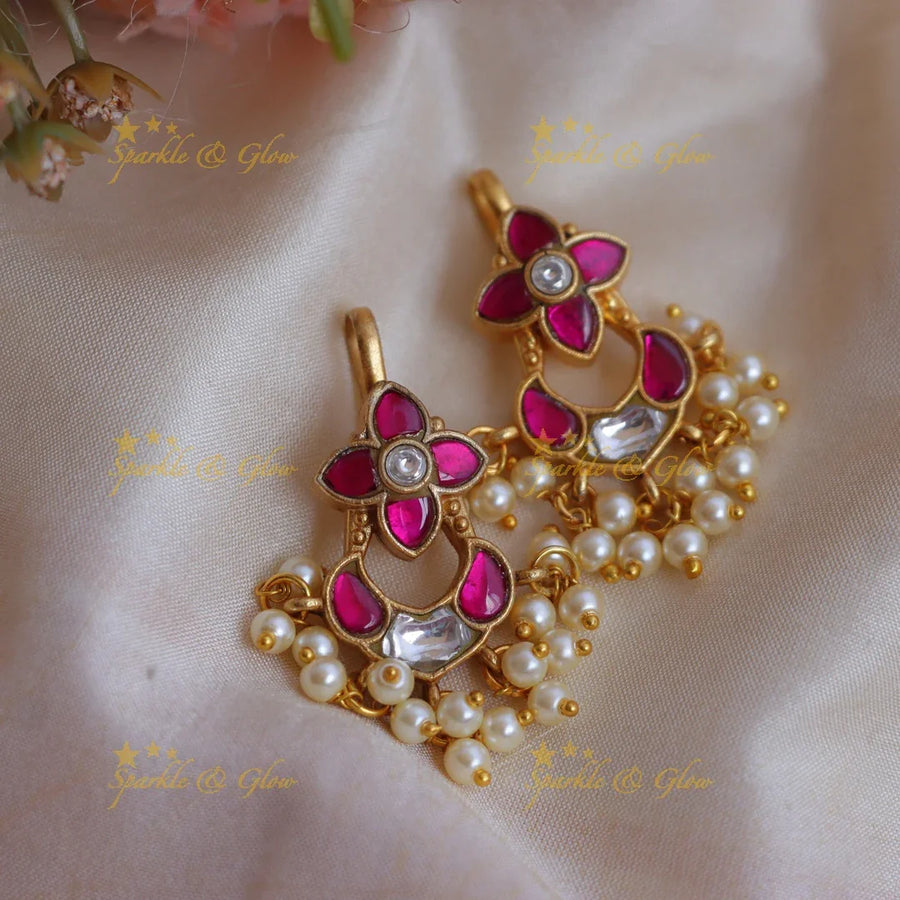 Elegant Jadau Kundan Floral Meenakari Bugadi Earrings with Pearl Drops - Sparkle and Glow