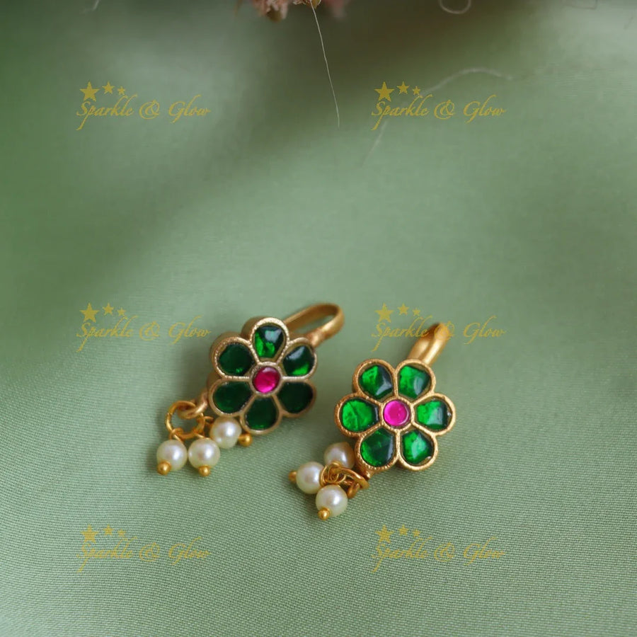 Beautiful Jadau Kundan Green Floral Meenakari Bugadi Earrings with Pearl Drops - Sparkle and Glow