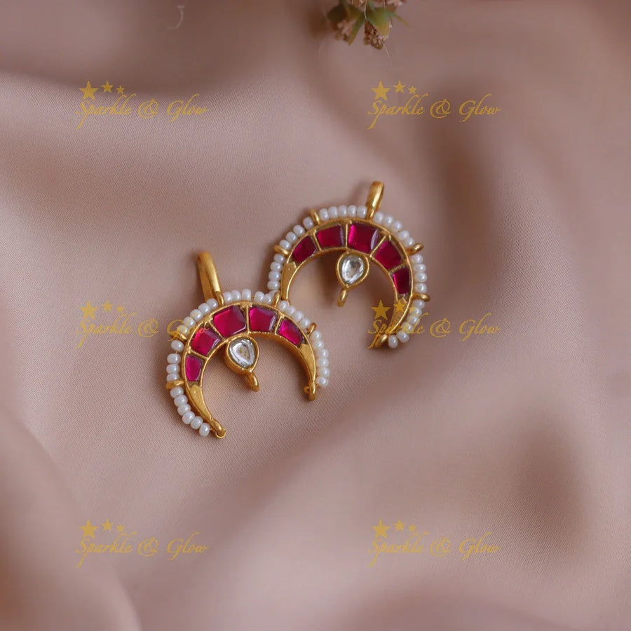 Stunning Crescent Jadau Kundan Meenakari Bugadi Earrings with Pearl Border - Sparkle and Glow