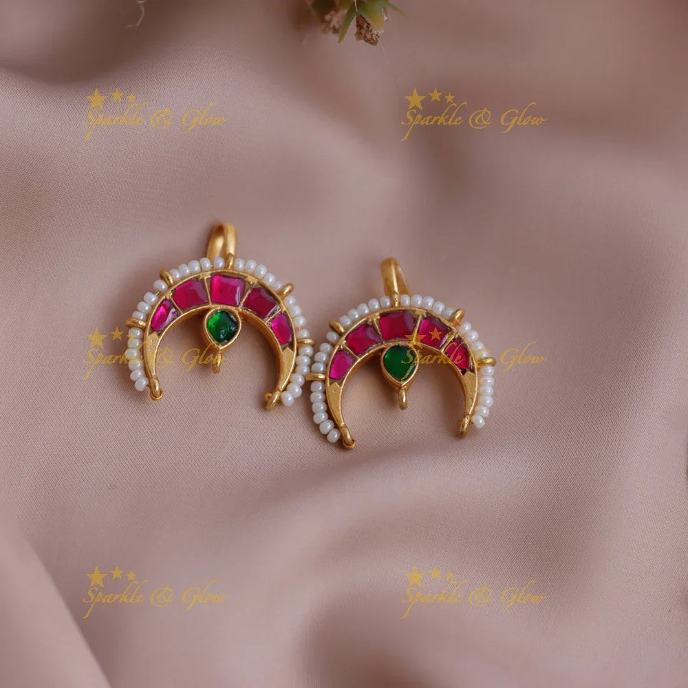 Stunning Crescent Jadau Kundan Meenakari Bugadi Earrings with Pearl Border - Sparkle and Glow