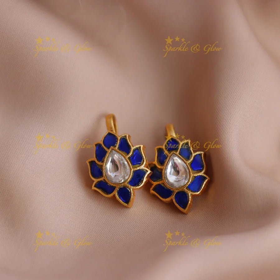 Statement Jadau Lotus Meenakari Bugadi Earrings with Kundan Center - Sparkle and Glow