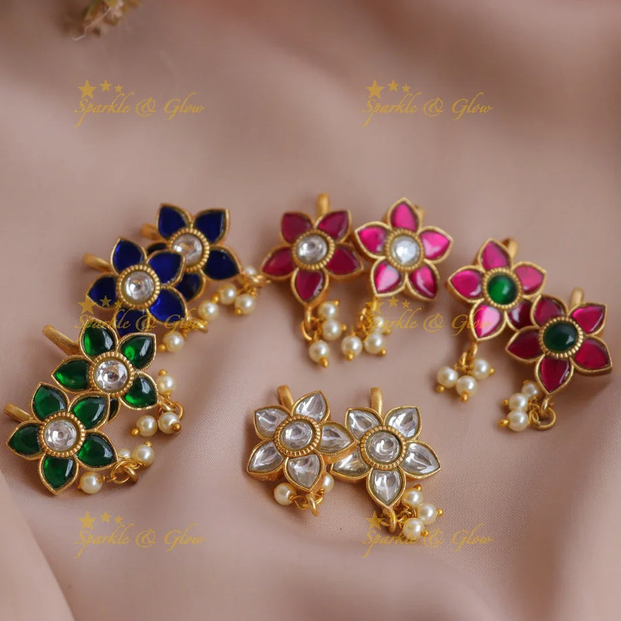 Elegant Jadau Floral Meenakari Bugadi Earrings with Kundan and Pearl Drops - Sparkle and Glow