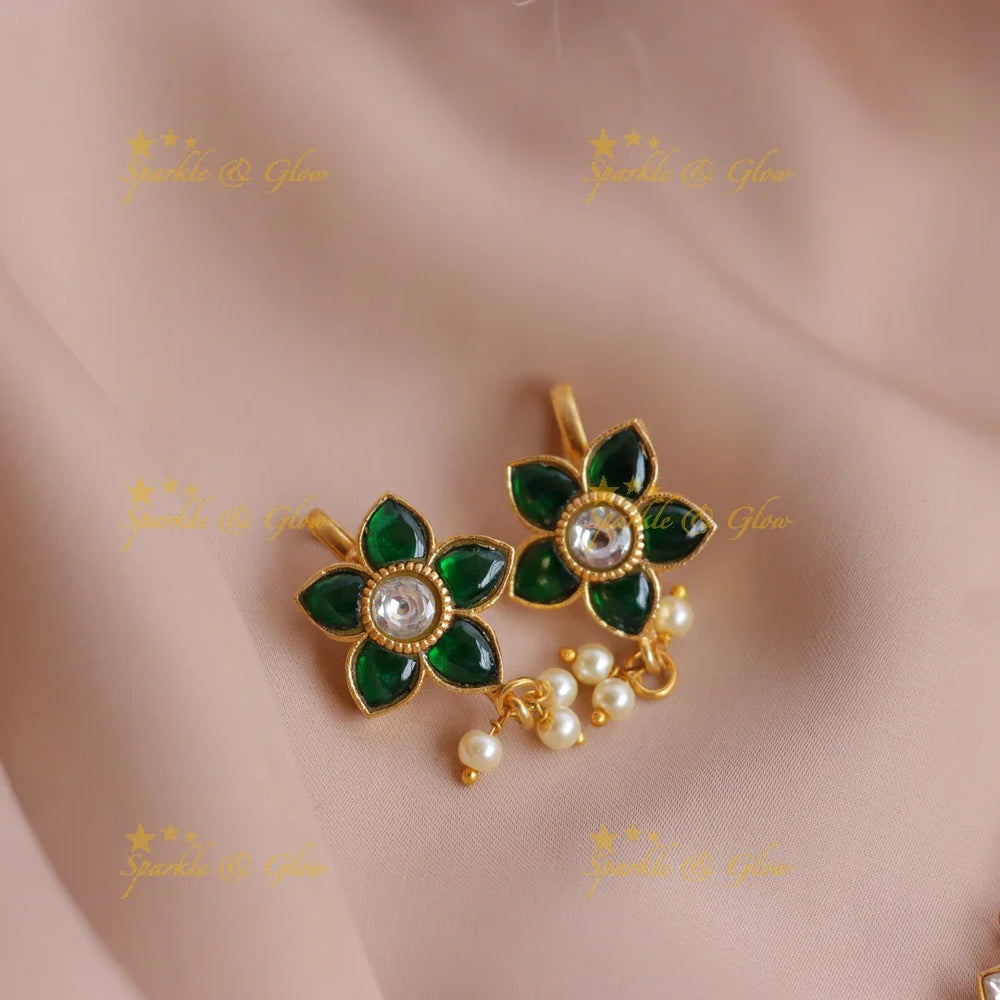 Elegant Jadau Floral Meenakari Bugadi Earrings with Kundan and Pearl Drops - Sparkle and Glow
