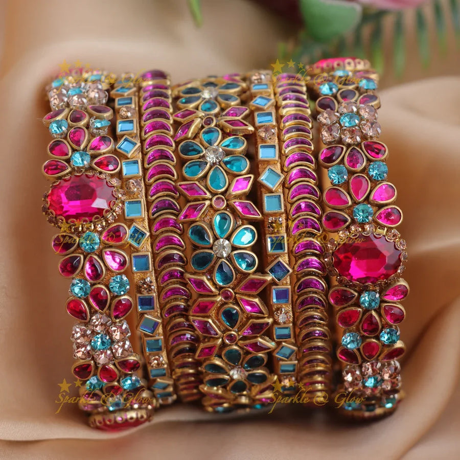 Stunning Multicolor Kundan Floral Silk thread Bangles Set with Crystal Accents - Sparkle and Glow