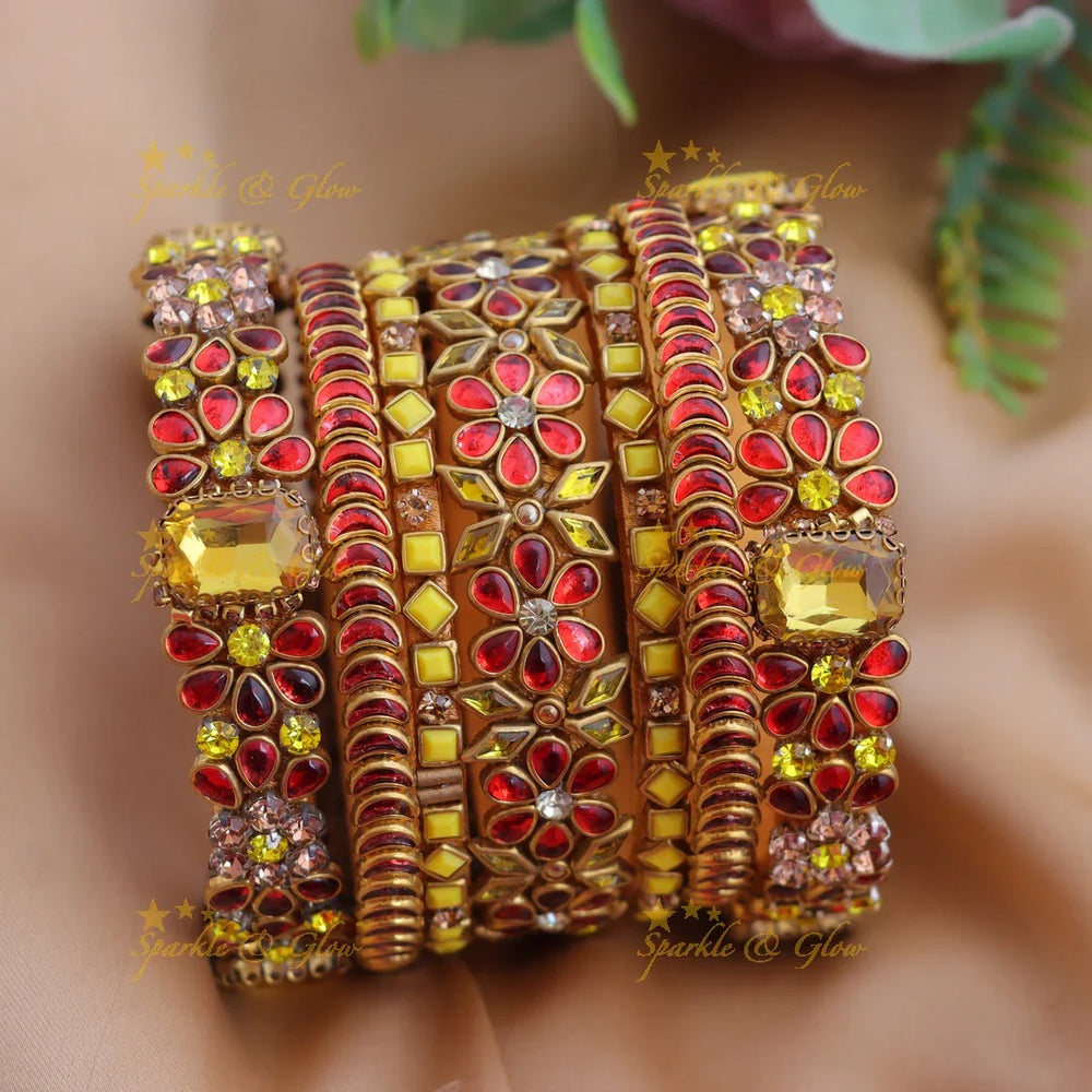 Stunning Multicolor Kundan Floral Silk thread Bangles Set with Crystal Accents - Sparkle and Glow