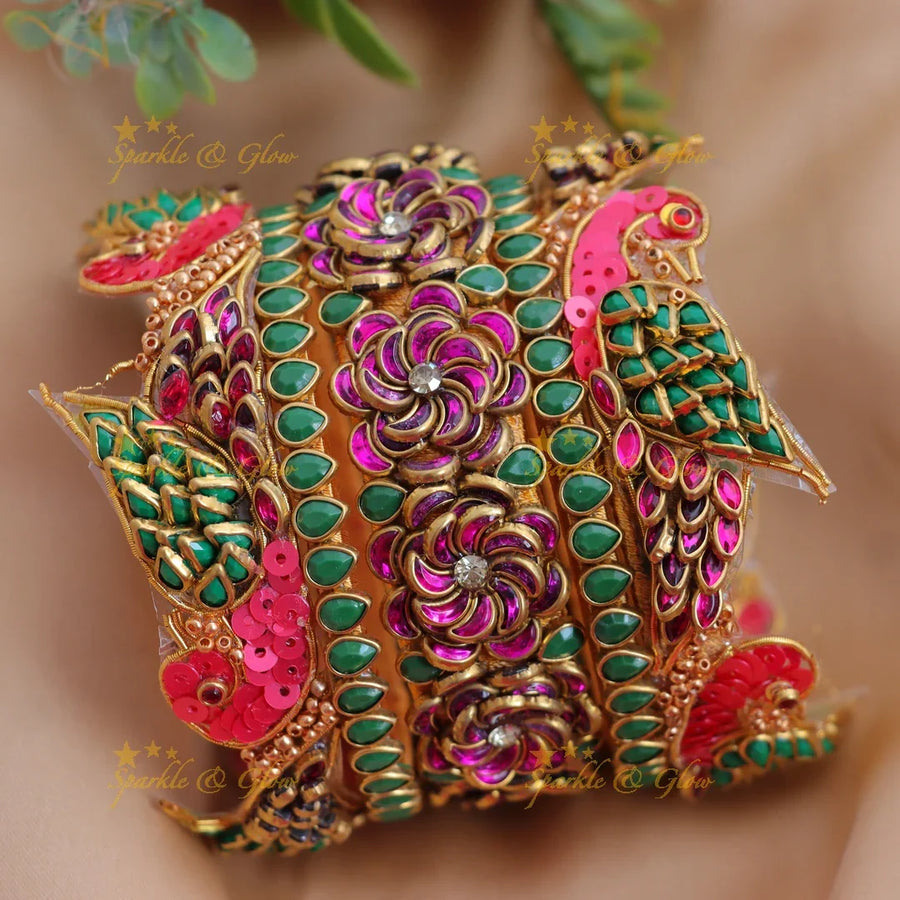 Stunning Floral & Parrot design carved Silk thread kundan bangles - Sparkle and Glow