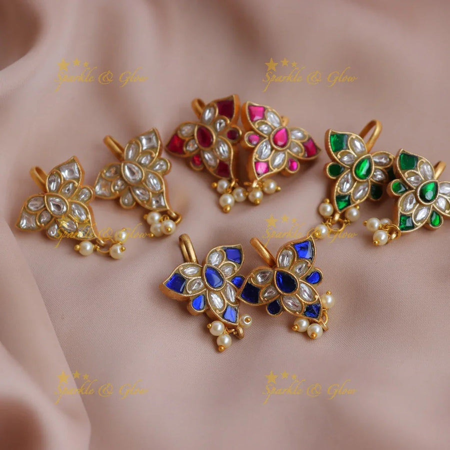 Statement Leaf Motif Jadau Kundan Bugadi Earrings with Pearl Drops - Sparkle and Glow