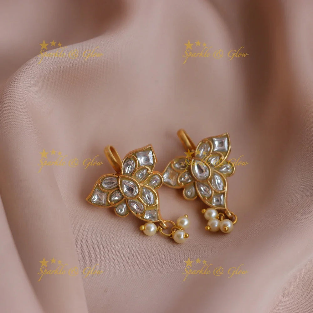 Statement Leaf Motif Jadau Kundan Bugadi Earrings with Pearl Drops - Sparkle and Glow