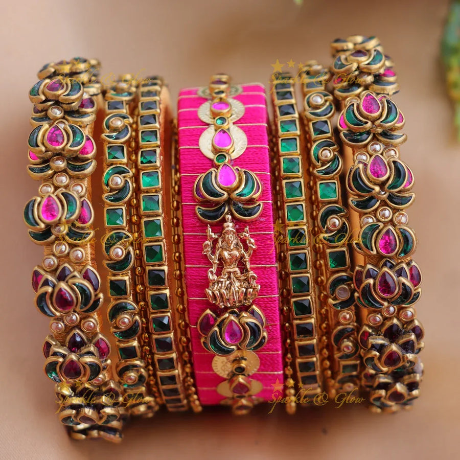 Traditional Pink Thread & Lakshmi Motif Temple Silk thread Bangle Set - Sparkle and Glow