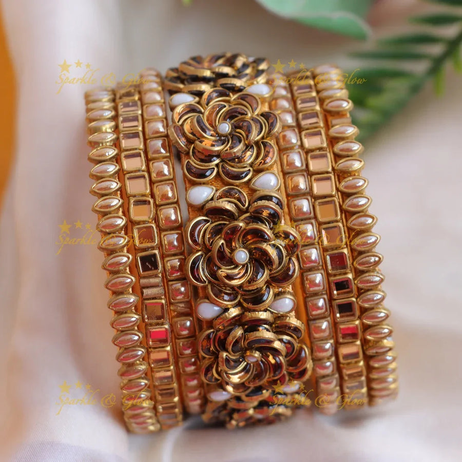 Elegant Gold Floral Design Silk thread Kundan Bangle Set - Sparkle and Glow