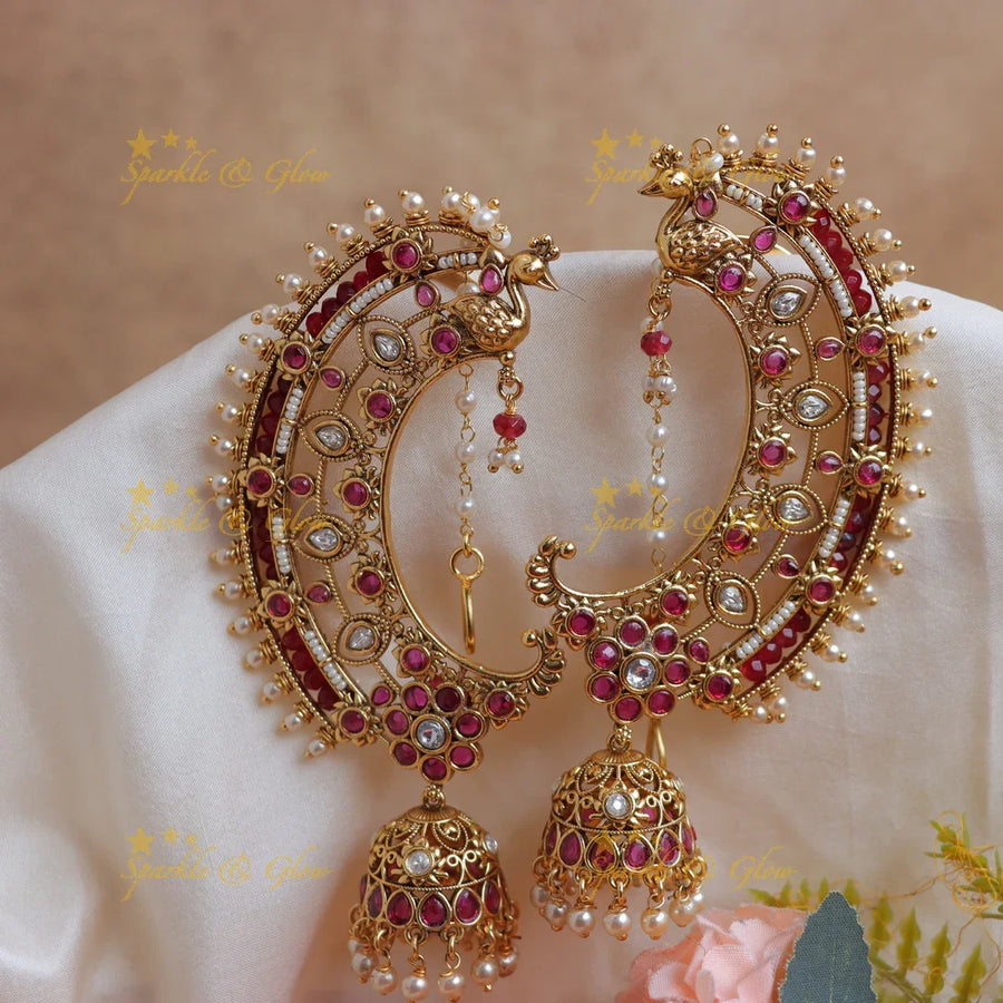 Stunning Kemp Peacock Ear cuff Jhumka with Ruby & Kundan Detailing - Sparkle and Glow