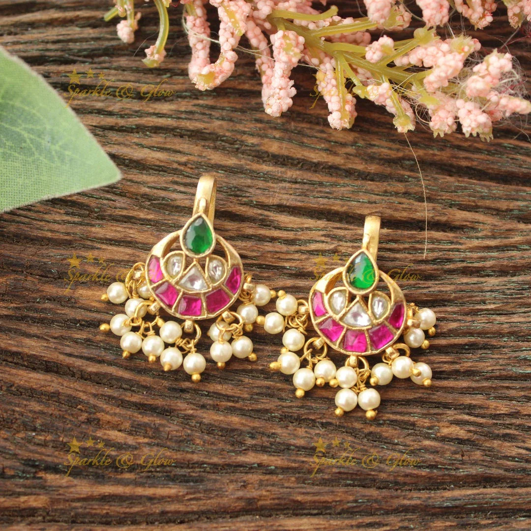 Half Moon Kundan Bugadi with Pearl Drops
