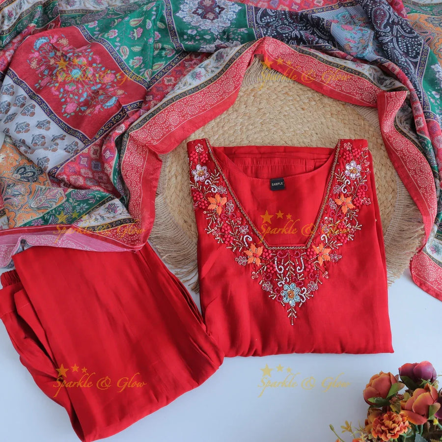 Stunning Modal Silk Kurti pant with digital Print Dupatta set- Red - Sparkle and Glow