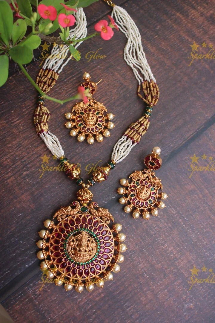 Real Kemp stones Lakshmi Pendent pearl chain - Multi - Sparkle and Glow