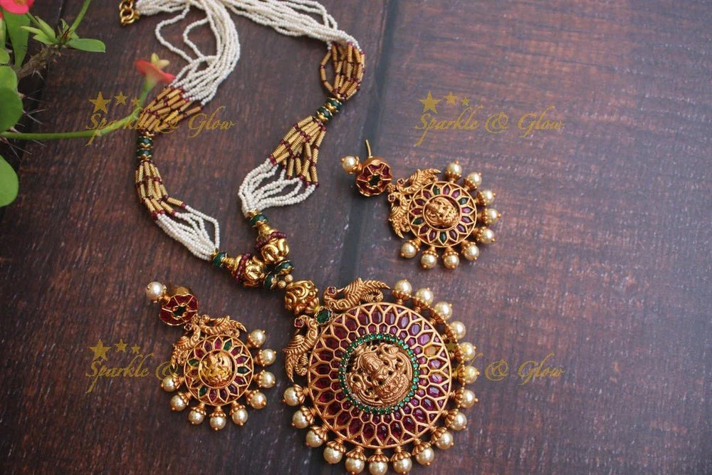 Real Kemp stones Lakshmi Pendent pearl chain - Multi - Sparkle and Glow