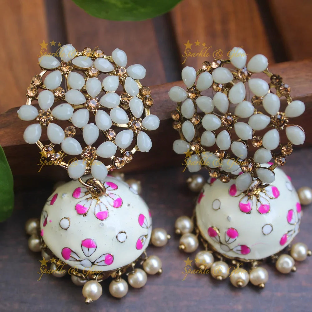 Meenakari stone floral jhumukas - Sparkle and Glow