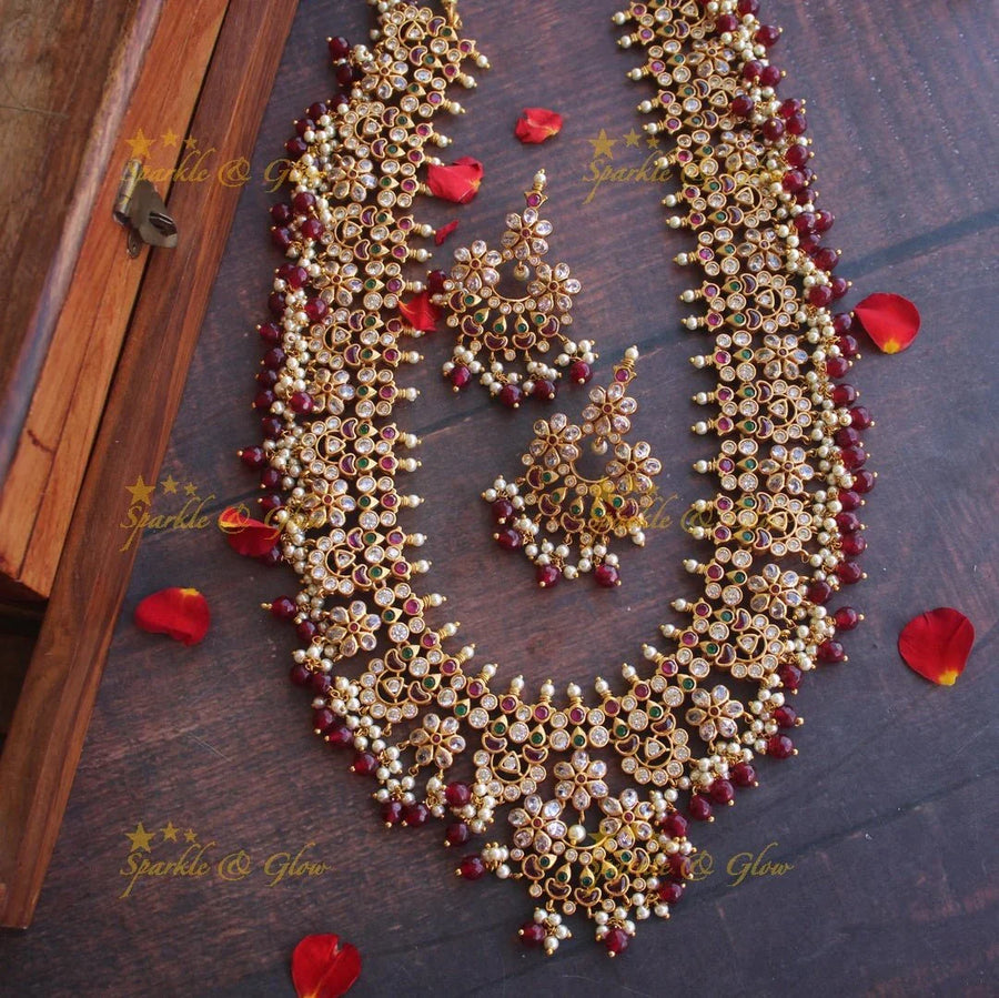 Beautiful gutta pusalu haram with kemp and cz stones - Pink Beads - Sparkle and Glow