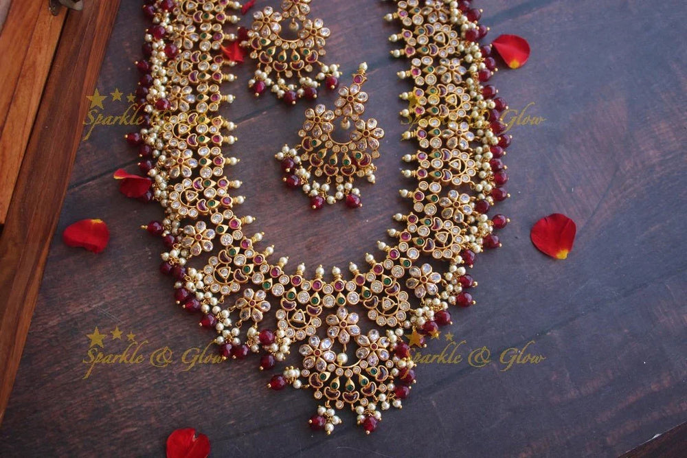 Beautiful gutta pusalu haram with kemp and cz stones - Pink Beads - Sparkle and Glow