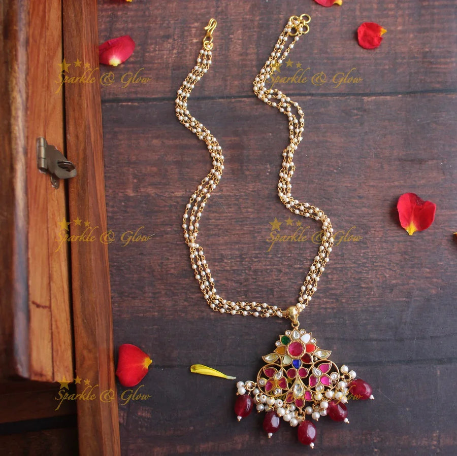 Jadau kundan navarathna pendent pearl mal set (14 inches) - Sparkle and Glow