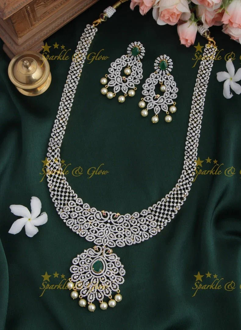 GJ polish Exclusive American Daimond Peacock design long necklace - Green - Sparkle and Glow