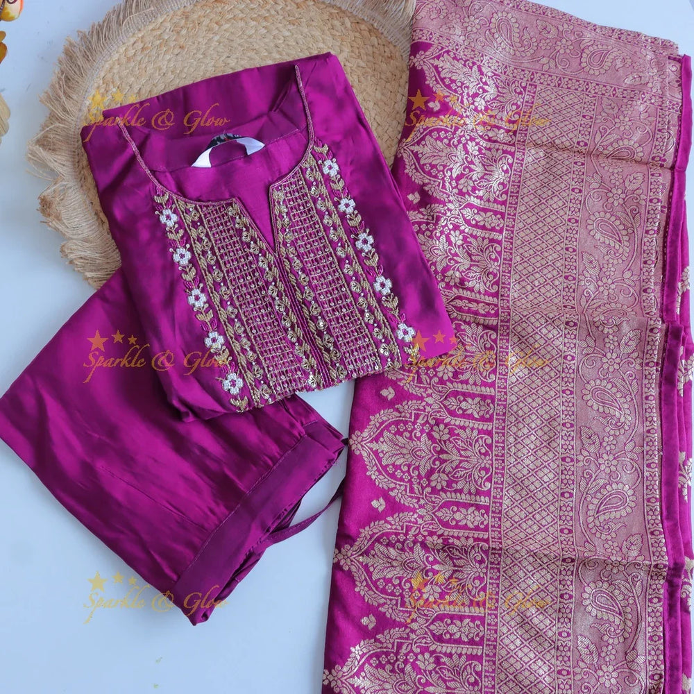 Gorgeous Roman Silk Kurti pant with Banarasi jacquard Dupatta set- Pink - Sparkle and Glow