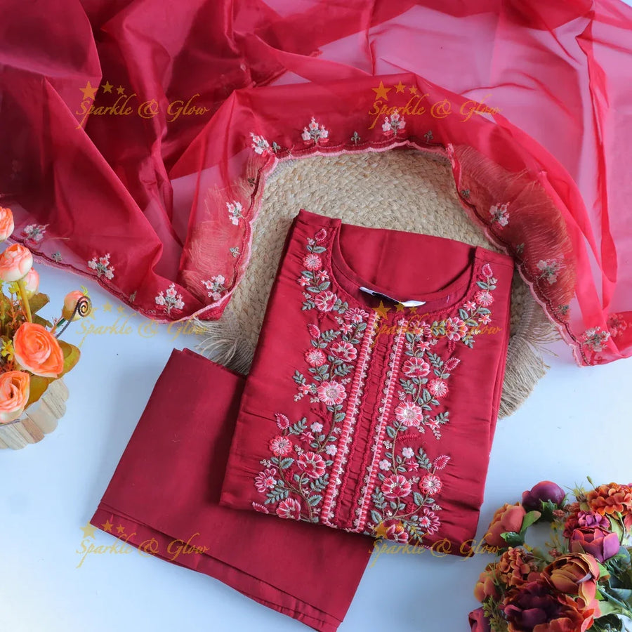 Beautiful Modal Silk Kurti pant with Organza Dupatta set- Marron - Sparkle and Glow