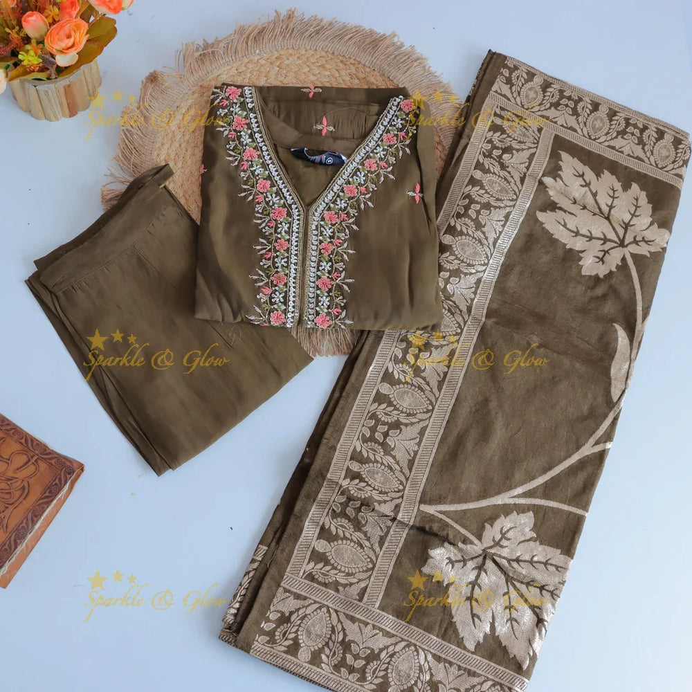 Gorgeous Roman Silk Kurti pant with Banarasi jacquard Dupatta set- Olive Green - Sparkle and Glow