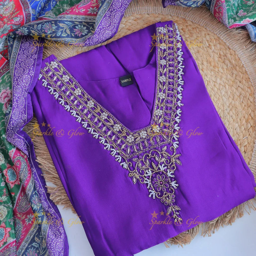 Stunning Modal Silk Kurti pant with digital Print Dupatta set- Purple - Sparkle and Glow